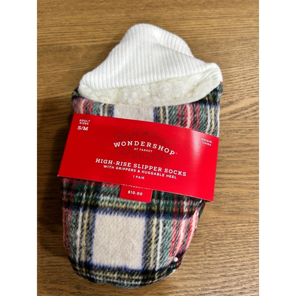 WonderShop High Rise Slipper Socks Plaid Sherpa Lined Grippers Huggable Heel S M